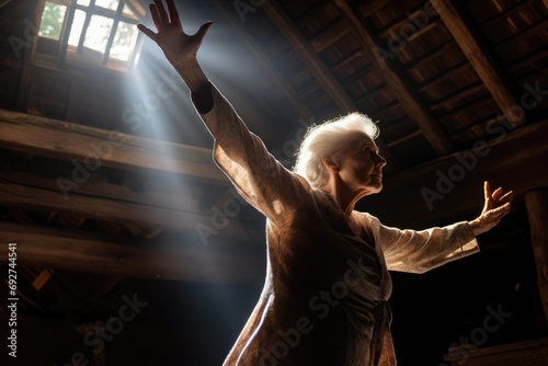 elderly woman performs a graceful dance or tai chi move, bathed in the warm light of a cozy attic, embodying serenity and ageless elegance