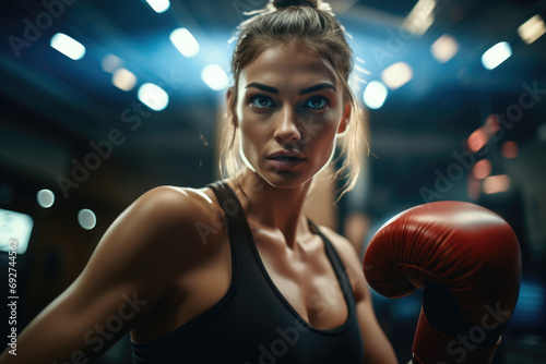 gaze of a young female boxer shines against the dimly lit gym, her poised stance with red boxing gloves ready for the challenge