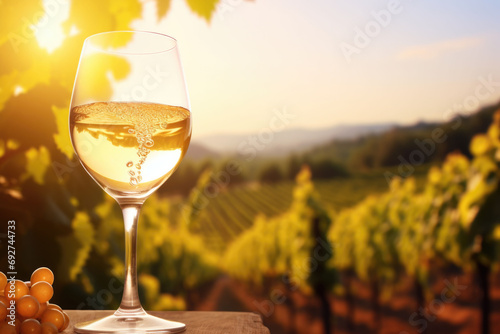 White wine in glass on vineyard background at sunset. Generative AI