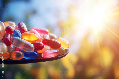 Spoon with dietary supplements on bright sunny background. Generative AI
