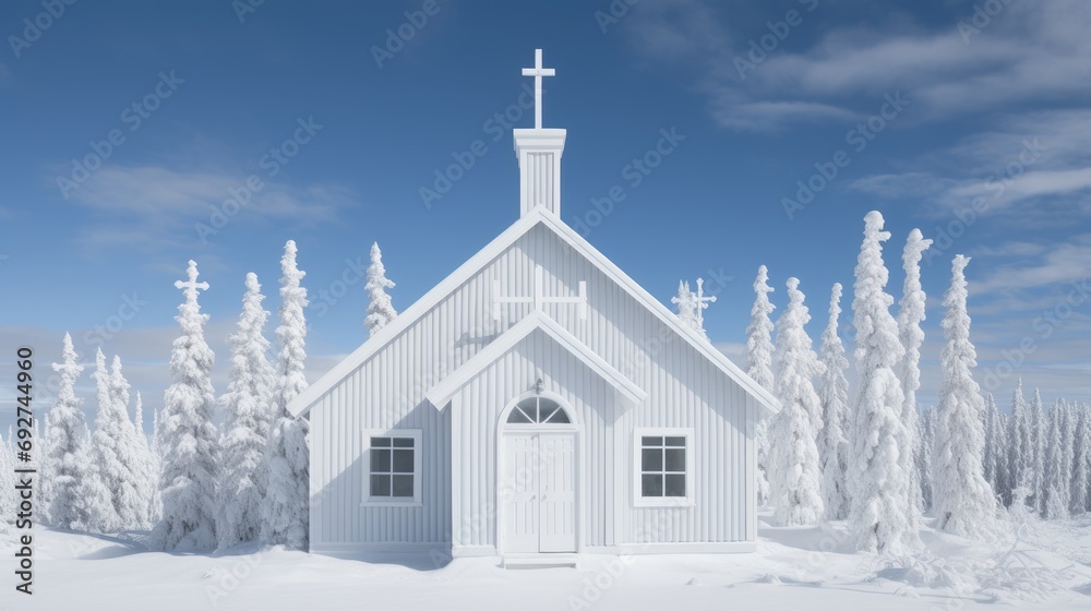 Scandinavian wooden church, snow-laden forest, Nordic design, simple beauty, winter solstice, peaceful, dawn light, minimalist architecture photography style 