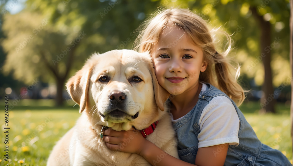 portrait of a joy little girl hugging a Labrador dog on the lawn, sun portrait of a joy little girl hugging a Labrador dog on the lawn, sun