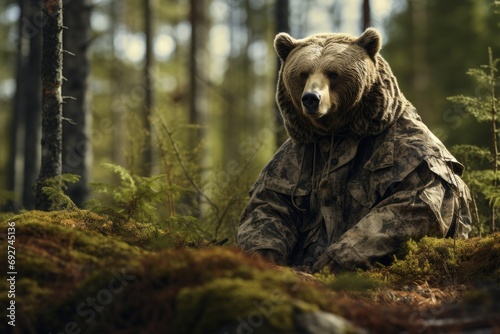 A bear in a hunting camouflage suit sits in the forest photo