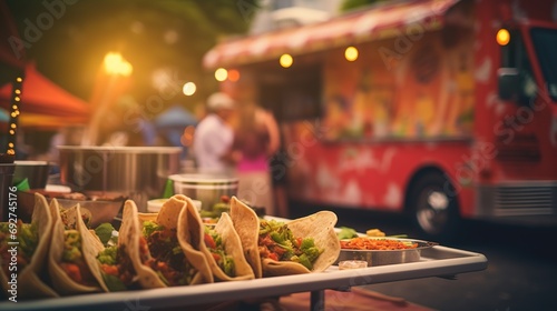 Generative AI, Food truck street festival, blurred lights background, atmospheric bokeh, muted colors