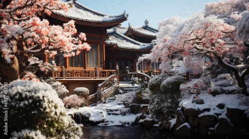 traditional Japanese temple, winter garden, snow on bamboo, serene, Zen architecture, tranquil, soft snowfall, gentle morning light, Japanese garden photography style