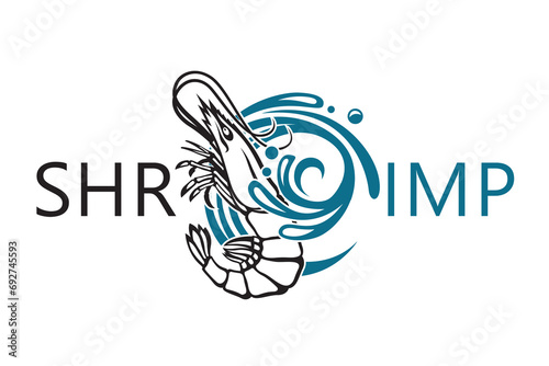 label of fresh shrimp and water splash isolated on white background