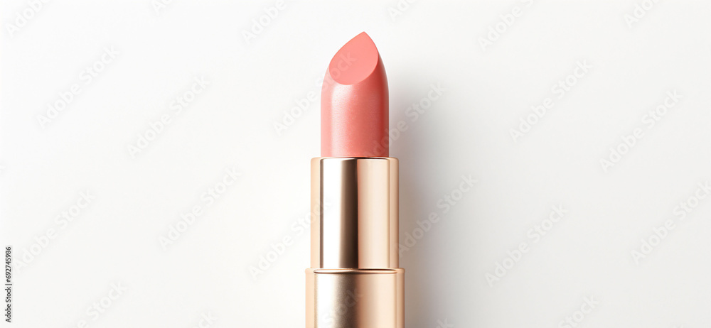 An peach fuzz color lipsticks top in a golden case on a white background. Make up a product show off. Copy space. - obrazy, fototapety, plakaty 