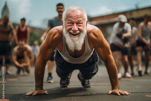 An elderly man doing push-up exercise for better quality of life photo