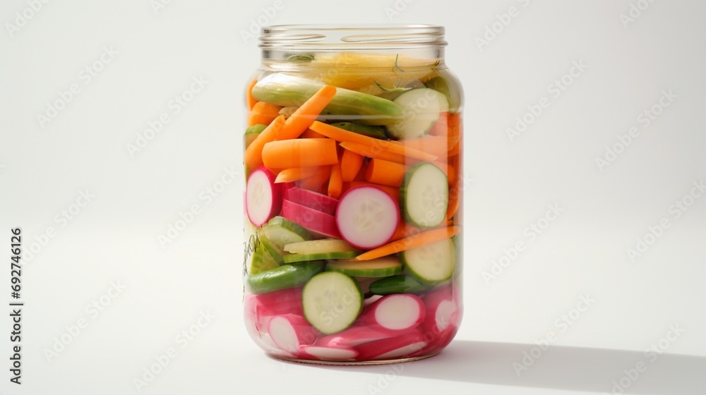 A jar of mixed fermented vegetables, with layers of color from carrots, green beans, and radishes, set against a white background A jar of mixed fermented vegetables, with layers of color from carrots, green beans, and radishes, set against a white background