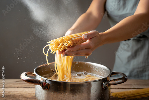mettere la pasta nel acqua bollente chef cuoco  photo