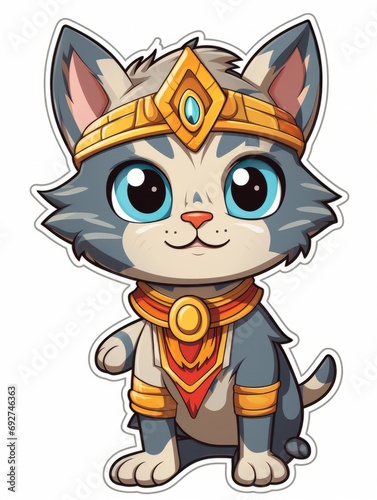 Cartoon sticker sweet kitten dressed in Indian costume, AI © Vitalii But