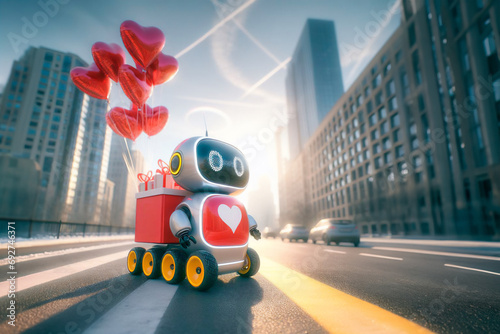delivery robot courier drives along a city street and carries gifts for Valentine's Day or Birthday and heart-shaped balloons.