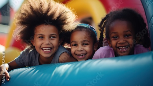 group of african american curly cute smiling children on inflatable bright colored playground on inflatable trampoline AI photo
