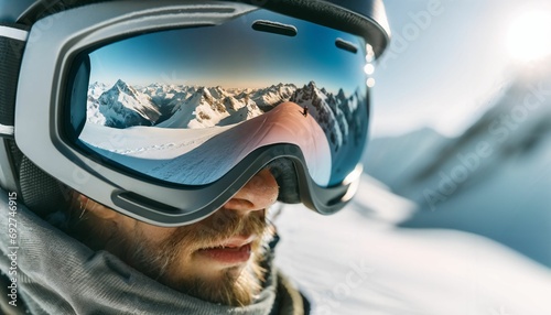 Winter scene reflection in snowboarder's goggles - snowy landscape, winter sports