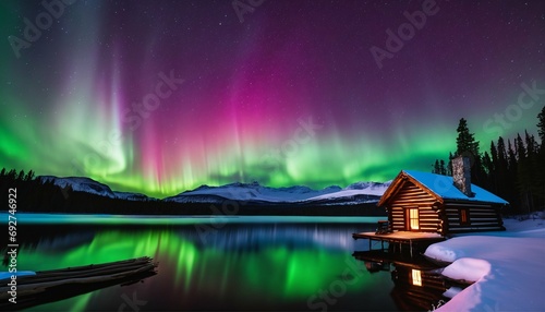 Aurora borealis over log cabin with lights on at night - picturesque, natural phenomenon