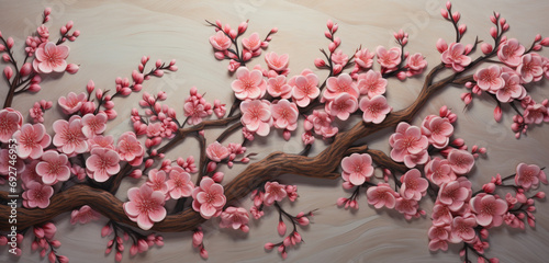 An intricate 3D wall texture mimicking a detailed, traditional Japanese cherry blossom painting. 8k,