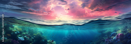 Long banner with underwater world and vivid sunset sky. Transparent deep water of the ocean or sea with rocks, fish and plants. © esvetleishaya