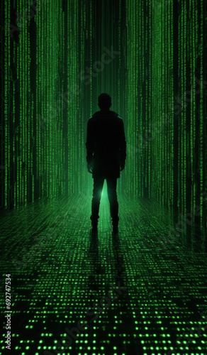 hacker in a hood on the background of a computer artificial intelligence matrix