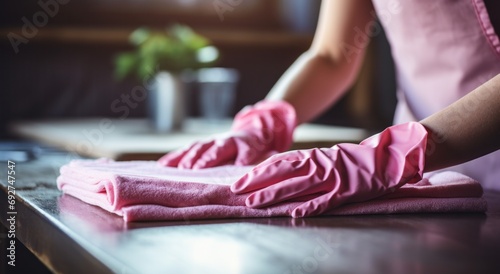 handwoman wipes a kitchen counter in pink cleaning gloves