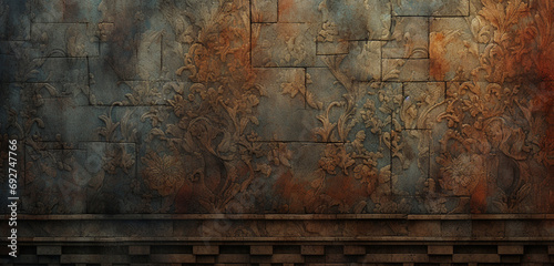 An intricate 3D wall texture resembling a detailed, old-world tapestry pattern in rich colors. 8k, photo