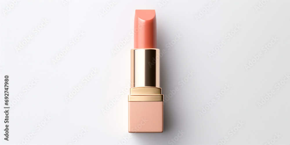 An peach fuzz color lipstick in a beige case on a white background. Make up a product show off. Copy space. - obrazy, fototapety, plakaty 