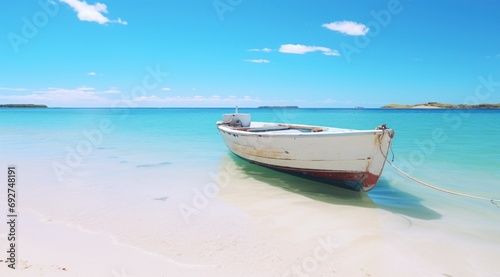 sea boat at a beach with blue sky moving across it © olegganko