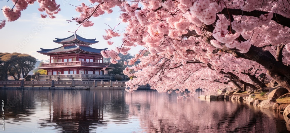 Fototapeta premium the beautiful blooming cherry tree in front of the beautiful pagoda