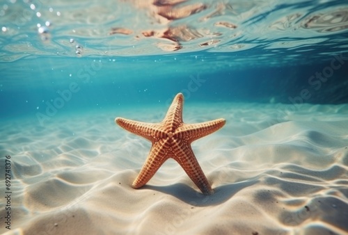 starfish in the ocean surface with water rushing over sand