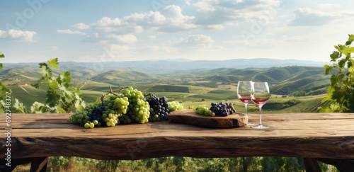 table with wine and fruit on the ground overlooking a vineyard