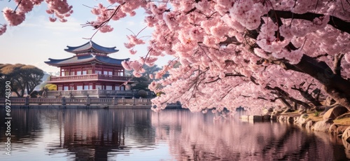 the beautiful blooming cherry tree in front of the beautiful pagoda