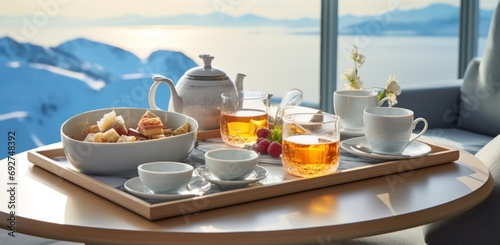 tea and dessert for breakfast on a tray on an icefree hotel