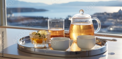 tea and dessert for breakfast on a tray on an icefree hotel
