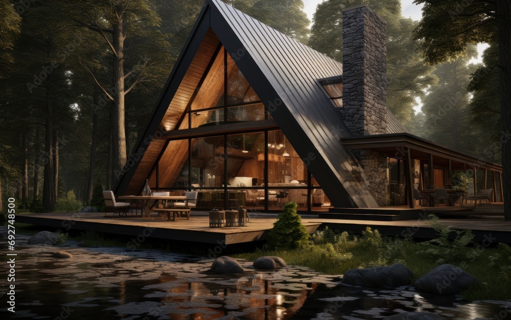 Fototapeta premium the home is sitting in the woods with trees around