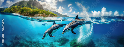 Dolphins arc gracefully over the ocean divide, a spectacle of nature's agility and playfulness beneath the open sky. Marine mammals exude a sense of freedom. photo