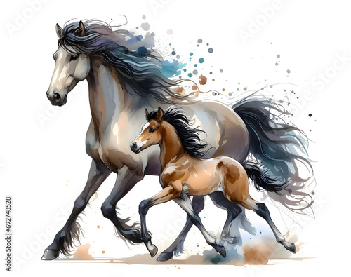 Horse with foal. Watercolor paint. Isolated illustration on a white background. Banner. Close-up. Generative AI