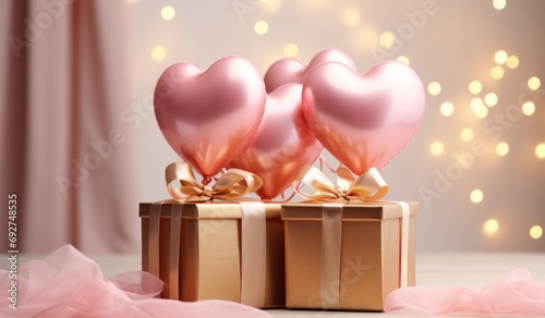 the inside of a pink box with three gold balloons