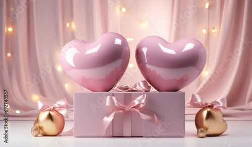 the inside of a pink box with three gold balloons