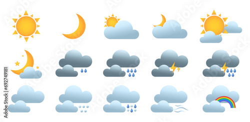 Set of icons for weather forecast app on white background