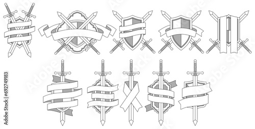 Collection of Sword, Shield, and Banner Decorations. | AI Vector File. 