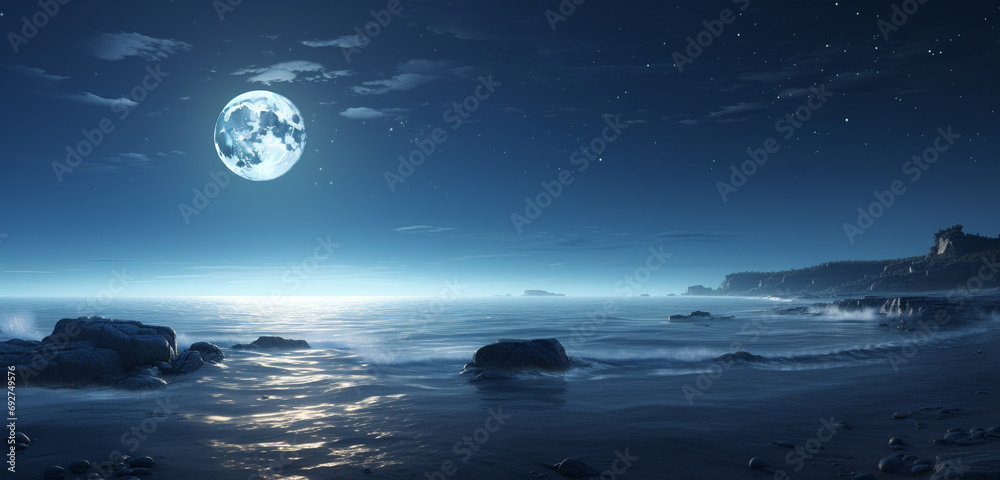 A detailed view of a 3D wall texture featuring a tranquil, moonlit ocean scene with gentle waves. 8k,