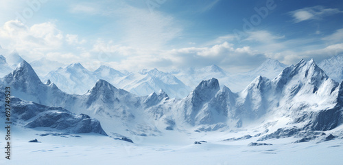 A detailed view of a 3D wall texture featuring a peaceful, snowy mountain landscape scene. 8k, © Creative artist1