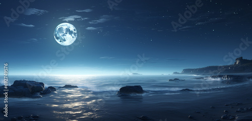 A detailed view of a 3D wall texture featuring a tranquil, moonlit ocean scene with gentle waves. 8k,