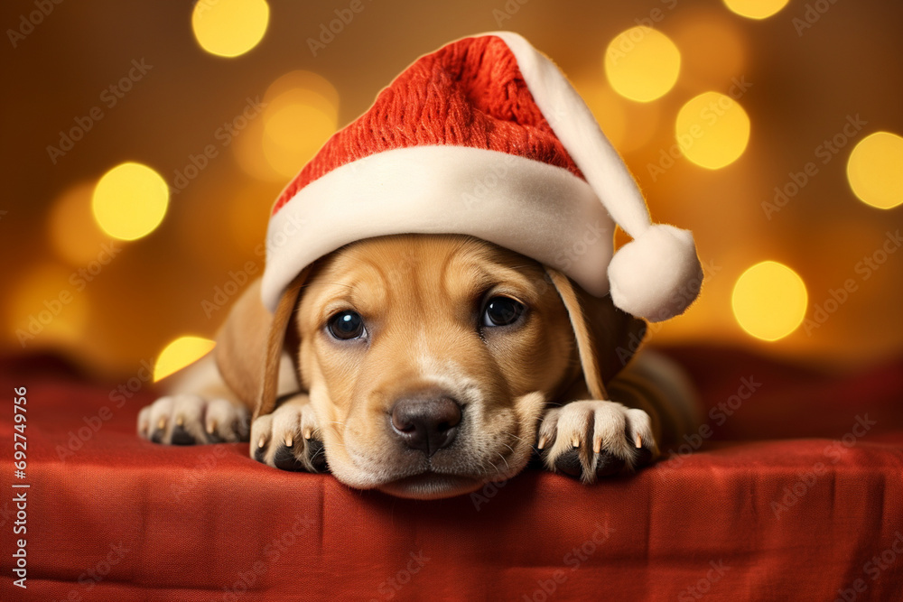 A cute puppy in a Santa hat, eagerly waiting for Christmas morning on a warm marigold background.