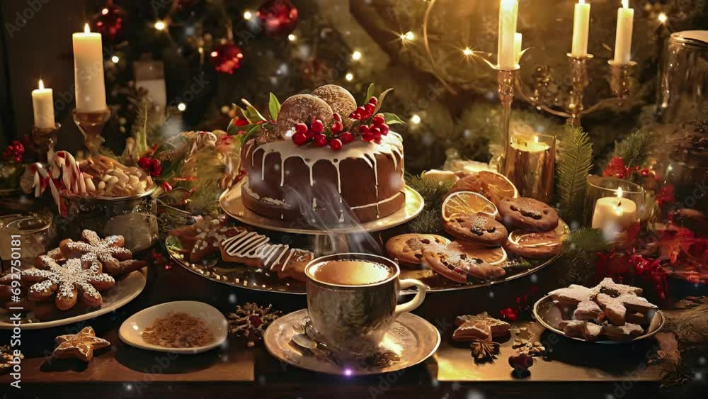 christmas cake with hot chocolate in cup christmas cake with hot chocolate in cup