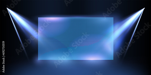 Stock vector image of a blue LED concave wall video screen glowing in the dark, surrounded by spotlights