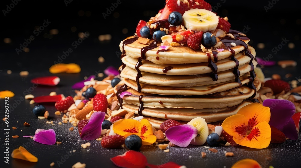fluffy culinary pancake food illustration buttermilk crepe, toppings blueberry, banana chocolate fluffy culinary pancake food