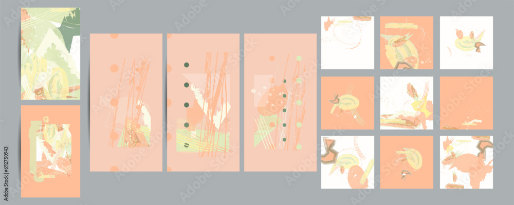 Simple Peach Fuzz color 2024 comfortable paint brush soothing pastel muted pale calm tones card templates set. Collection of romantic invitations