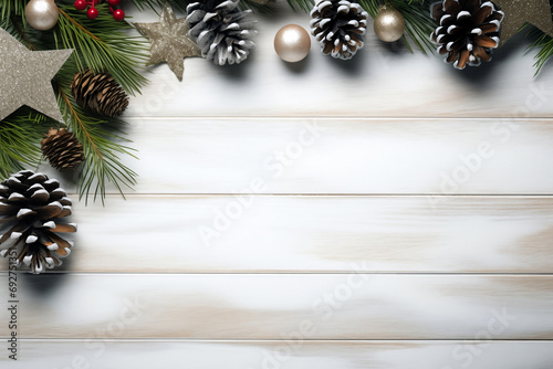 christmas decoration on wooden background flay lay