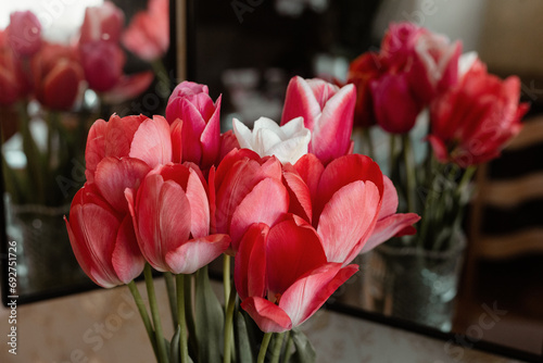 Mix of spring tulips. Tulips bouquet. Holiday decor with flowers. Bouquet with colorful tulips. Spring tulips, bouquet.