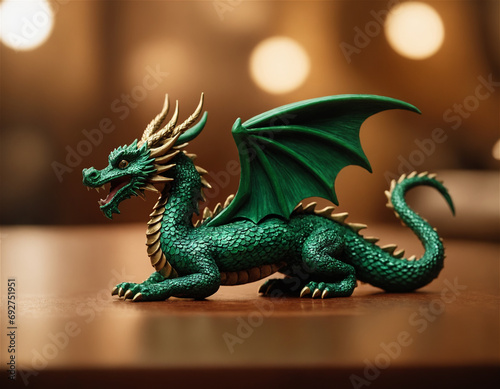 The green wooden dragon statue on light brown background. 2024 New Year. Chinese horoscope, Symbol of the new year 2024. © 072Y